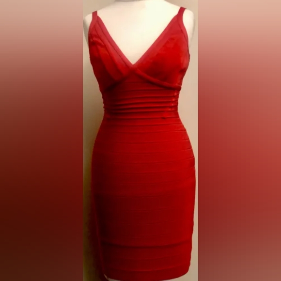 Coral Poppy HERVE LEGER v-neck Scarlett Mini Bandage Dress S Sexy Bodycon Short - Picture 4 of 13